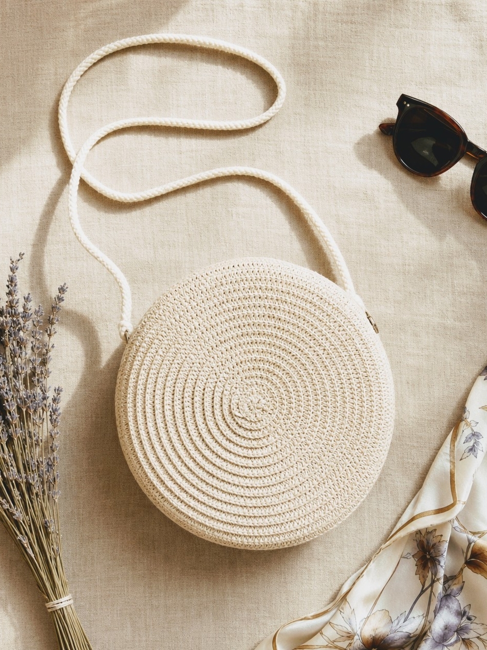 NEW Boho Round Straw Crossbody Purse | Woven Cream Rattan Shoulder Bag